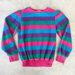 Vintage 80s 90s Girls' Multicolor Striped Terry Cloth Long Sleeve Shirt / S M